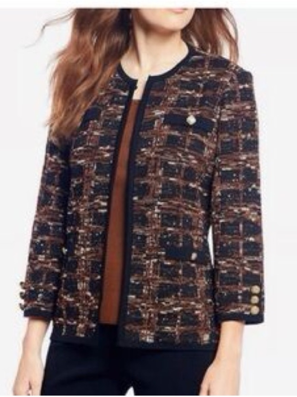 Ming Wang Black & Brown Knit Cardigan — Size XL — Gold Button Detail